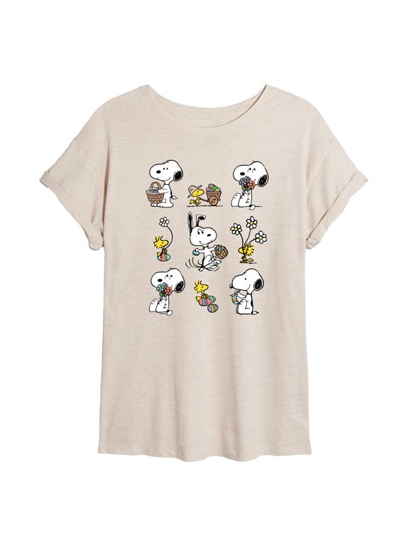 - Snoopy & Woodstock Easter Grid - Juniors Oversized Graphic T-Shirt