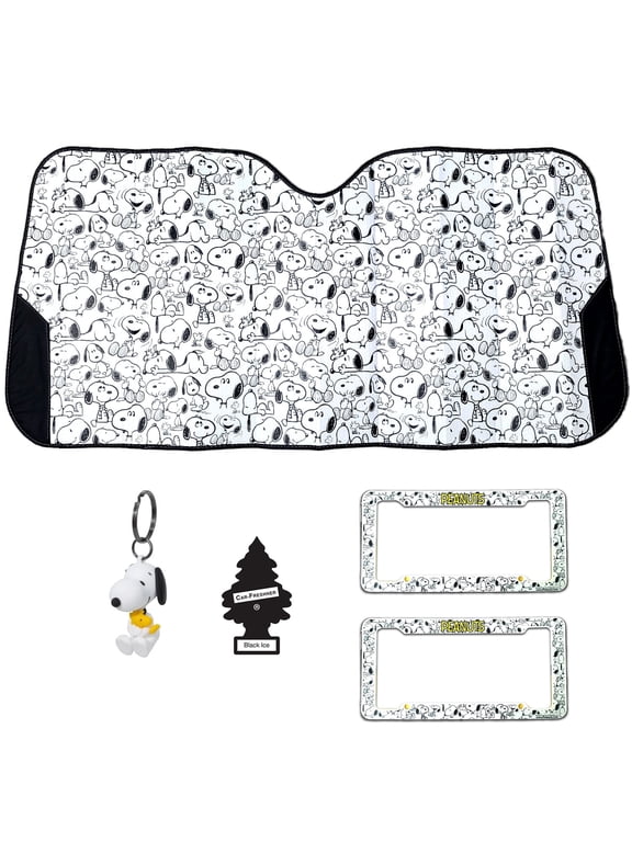 Peanuts Snoopy & Woodstock Expression Car Windshield Sunshade License Plate Frames 3D Keychain Air Freshener Bundle Set Universal Size for Cars SUV Truck