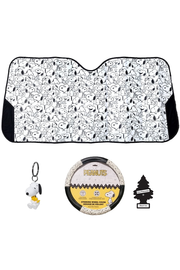 Peanuts Snoopy & Woodstock Expression Sunshade 15" Car Steering Wheel Cover 3D Keychain Air Freshener Bundle Set (Expression Sunshade Steering Wheel Cover Keychain Set)