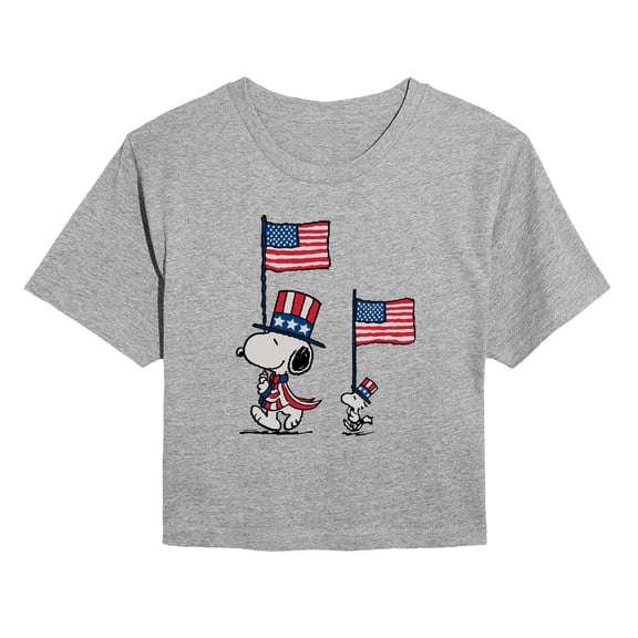 Peanuts - Snoopy Woodstock Flags & Hats - Juniors Cropped Graphic T-Shirt
