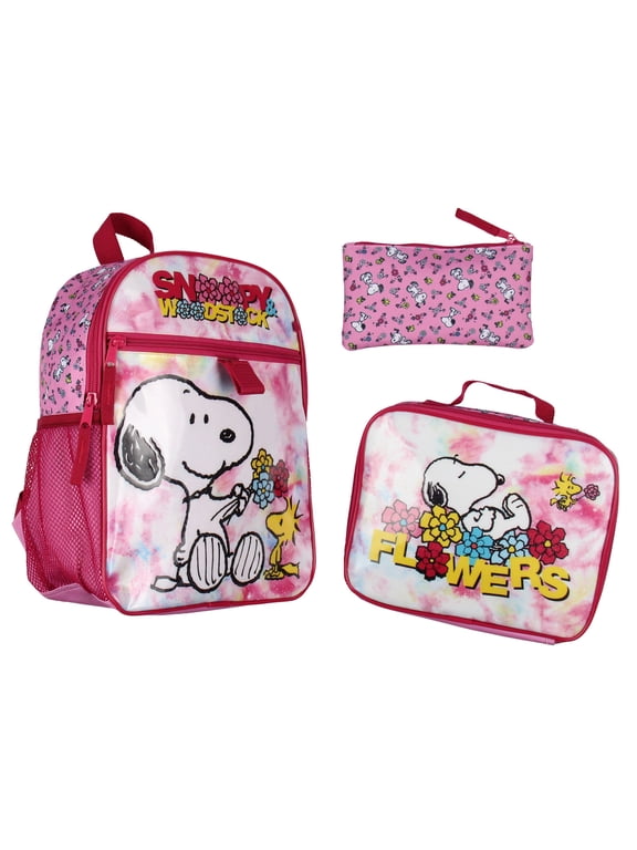 Peanuts Snoopy Woodstock Flower Character 3 PC 12" Mini Backpack Lunchbox Pencil Pouch