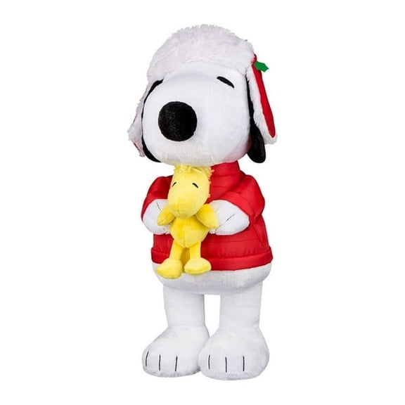 Peanuts Snoopy & Woodstock Holiday Plush Snoopy in Red Puffer Jacket & Santa Hat
