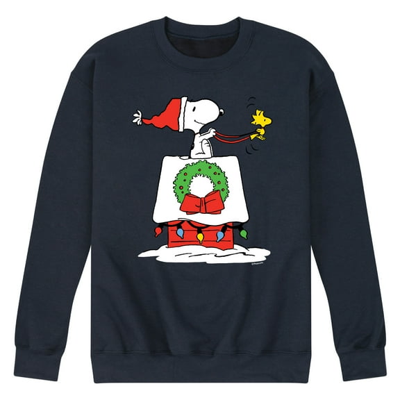 Peanuts - Snoopy & Woodstock House Sleigh - Men's Crew Neck Fleece Pullover