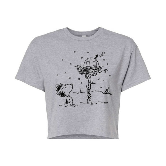 Peanuts - Snoopy Woodstock Igloo - Juniors Cropped Cotton Blend T-Shirt