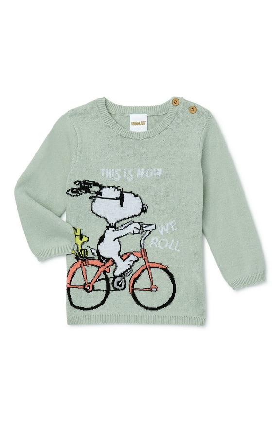 Peanuts Snoopy & Woodstock Jacquard Knit Crew Sweater with Buttons at Shoulder, Sizes 0/3M - 24M