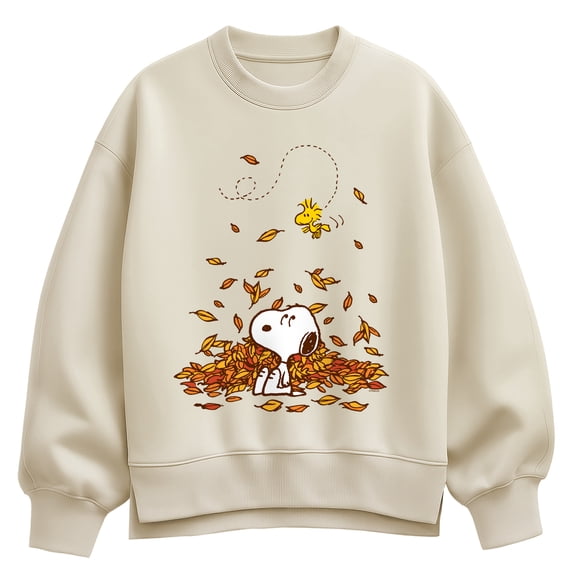 Peanuts - Snoopy & Woodstock Leaves - Women's Oversized Fleece Crew Sweatshirt
