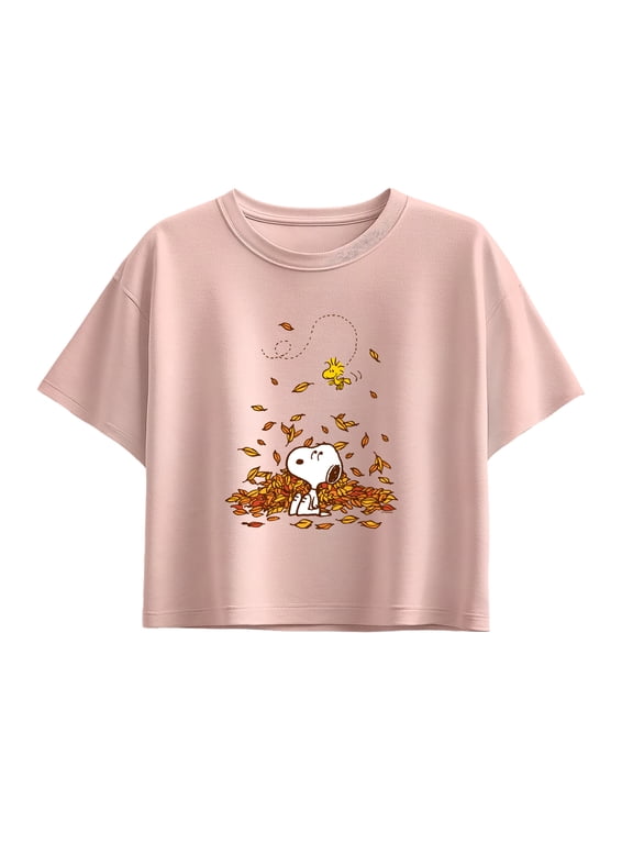 - Snoopy & Woodstock Leaves Girls' Short Sleeve Boxy Graphic T-Shirt
