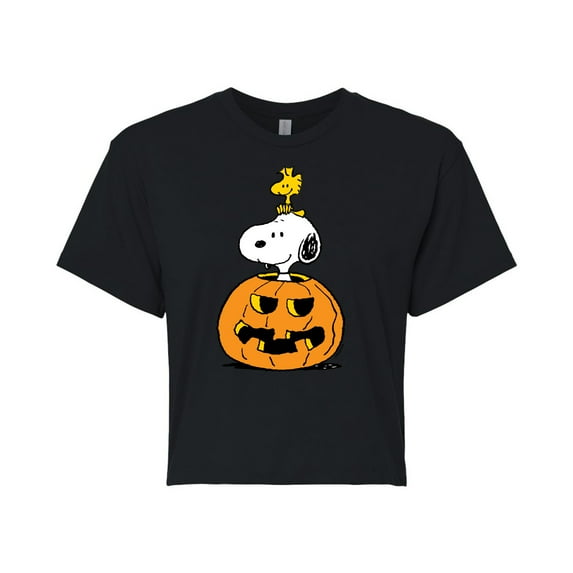 Peanuts - Snoopy Woodstock Pumpkin - Juniors Cropped Cotton Blend T-Shirt
