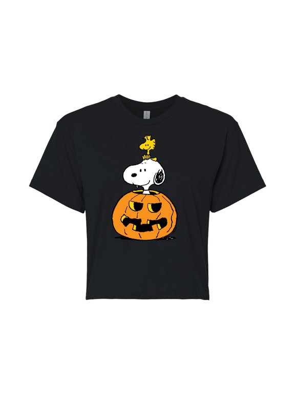 - Snoopy Woodstock Pumpkin - Juniors Cropped Cotton Blend T-Shirt