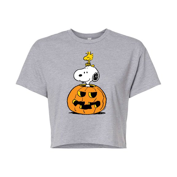 Peanuts - Snoopy Woodstock Pumpkin - Juniors Cropped Cotton Blend T-Shirt