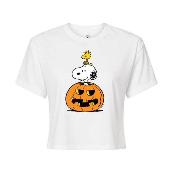 Peanuts - Snoopy Woodstock Pumpkin - Juniors Cropped Cotton Blend T-Shirt
