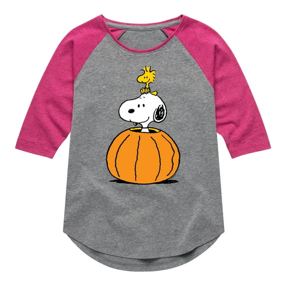 Peanuts - Snoopy Woodstock Pumpkin - Toddler & Youth Girls Raglan Graphic T-Shirt