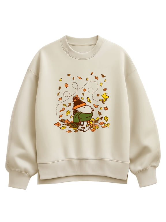 - Snoopy Woodstock Scarf Beanie Women's Oversized Fleece Crew Sweatshirt
