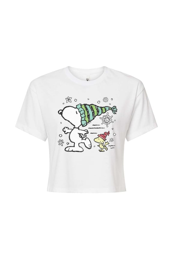 - Snoopy Woodstock Skate - Juniors Cropped Cotton Blend T-Shirt