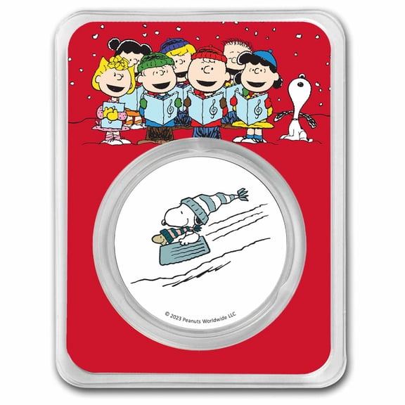 Peanuts Snoopy & Woodstock Sledding 1 oz Colorized Silver