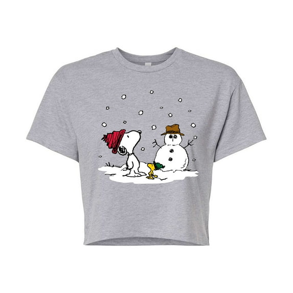 Peanuts - Snoopy Woodstock Snowman - Juniors Cropped Cotton Blend T-Shirt