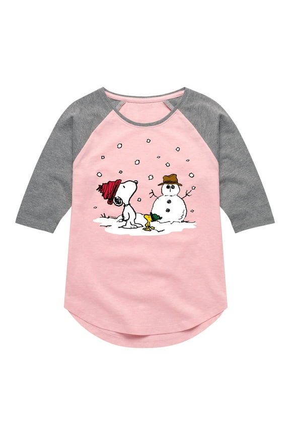 - Snoopy Woodstock Snowman - Toddler & Youth Girls Raglan Graphic T-Shirt