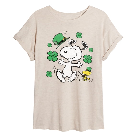 Peanuts - Snoopy & Woodstock St. Patty's Dance - Juniors Oversized Graphic T-Shirt