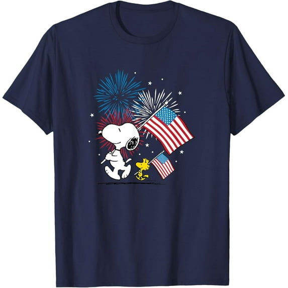 Peanuts Snoopy & Woodstock T-Shirt – 4th of July American Flag & Fireworks Graphic Tee
