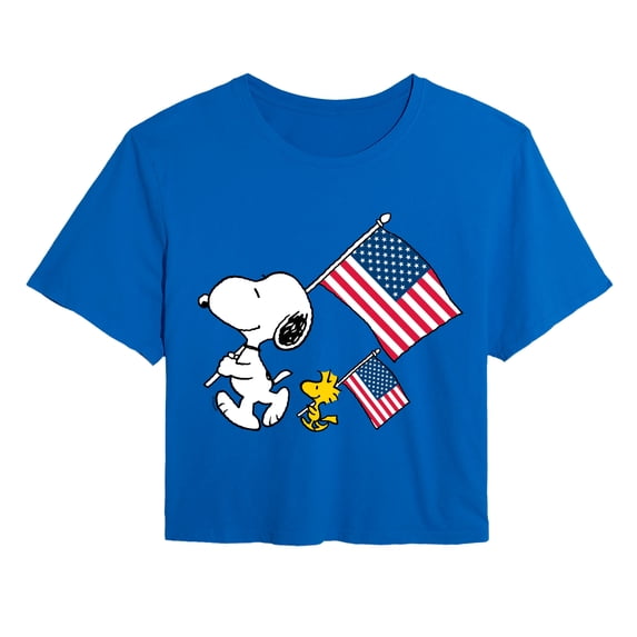 Peanuts - Snoopy & Woodstock USA Flags - Juniors Cropped Graphic T-Shirt