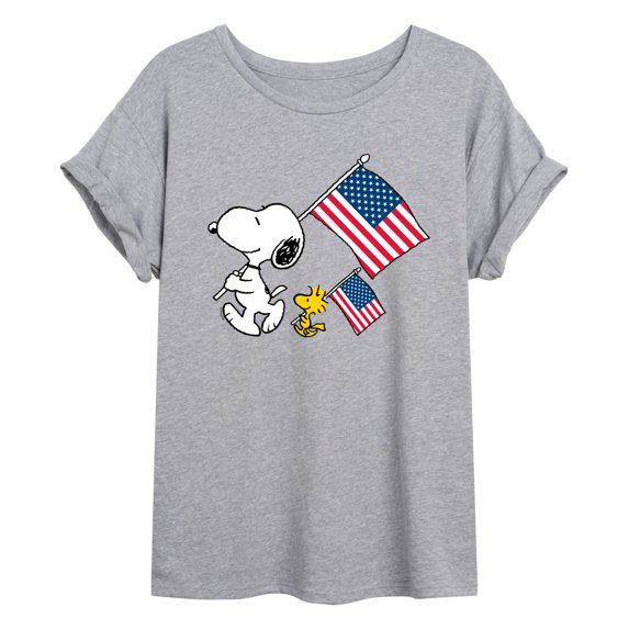 Peanuts - Snoopy & Woodstock USA Flags - Juniors Oversized Graphic T-Shirt