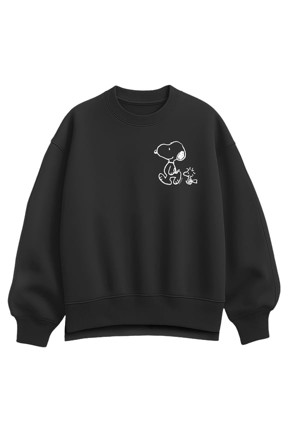 - Snoopy Woodstock Walk White Ink - Ladies Oversized Fleece Crew Sweatshirt
