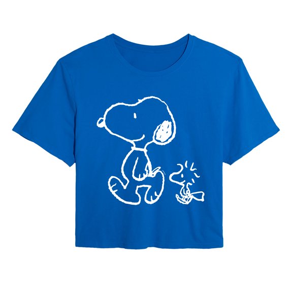 Peanuts - Snoopy & Woodstock Walk White - Juniors Cropped Graphic T-Shirt