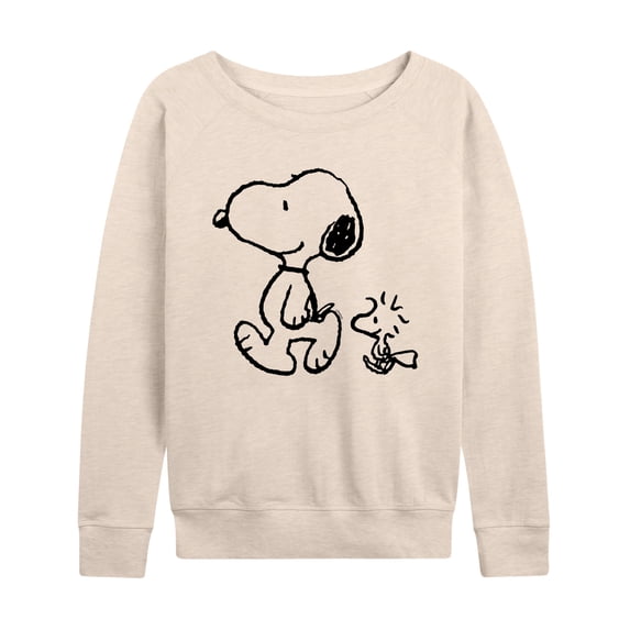 Peanuts - Snoopy Woodstock Walk Women's Lightweight French Terry Wide Neck Long Sleeve Graphic Shirt