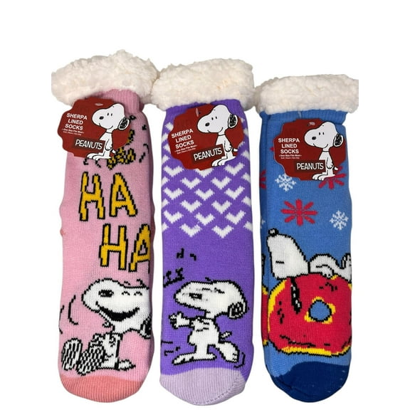 Peanuts Snoopy and Charlie Sherpa Lined Gripper Bottom Socks 3pk