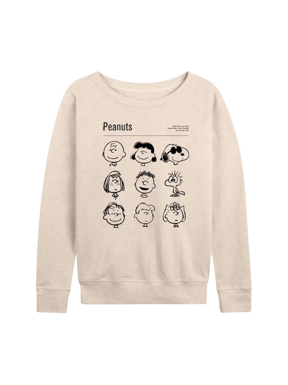 - Snoopy and Friends Women's Lightweight French Terry Wide Neck Long Sleeve Graphic Shirt