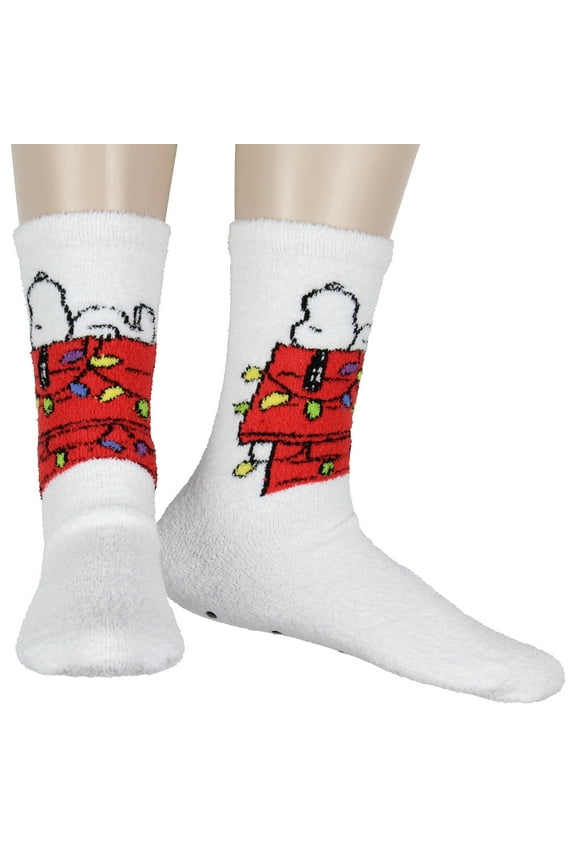 Peanuts Snoopy and Red Dog House Festive Holiday Christmas Lights Adult Fuzzy Fleece Gripper Slipper Socks OSFM