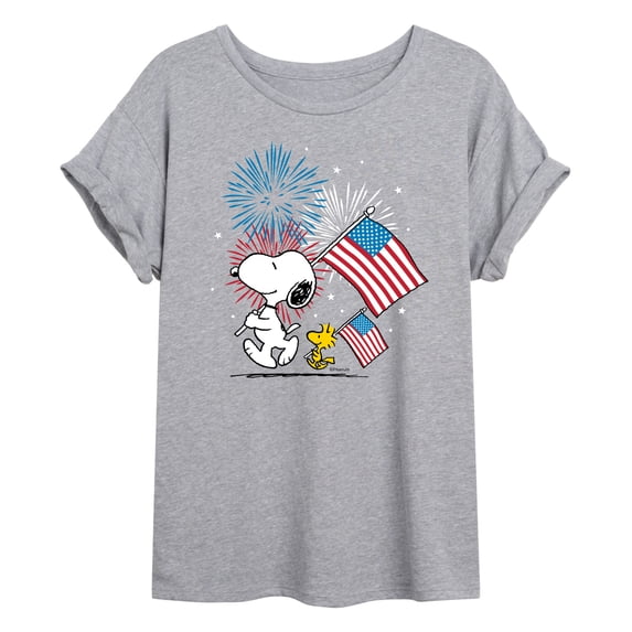 Peanuts - Snoopy and Woodstock Americana - Juniors Oversized Graphic T-Shirt