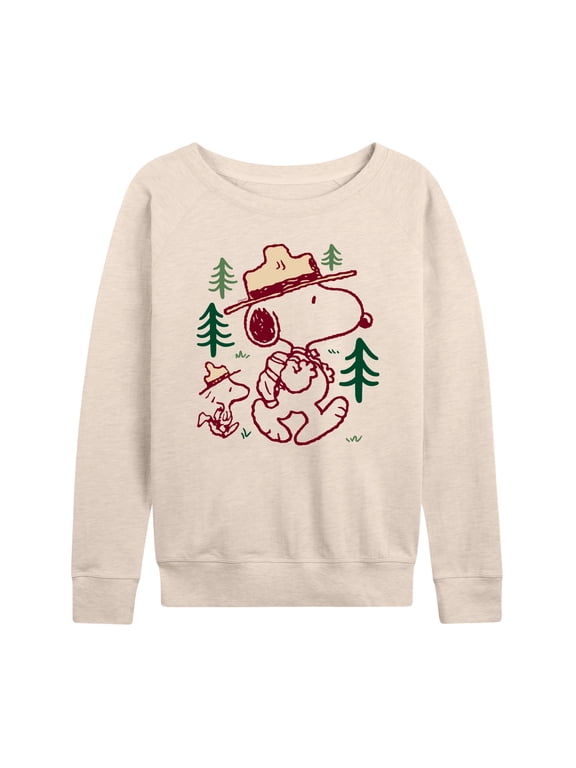 - Snoopy and Woodstock Hiking Women's Lightweight French Terry Wide Neck Long Sleeve Graphic Shirt