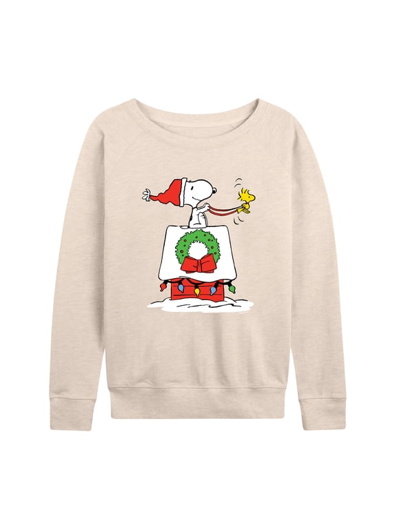 - Snoopy and Woodstock House Sleigh Women's Lightweight French Terry Wide Neck Long Sleeve Graphic Shirt