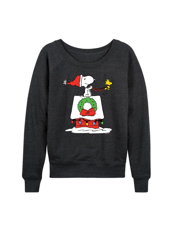 - Snoopy and Woodstock House Sleigh Women's Lightweight French Terry Wide Neck Long Sleeve Graphic Shirt