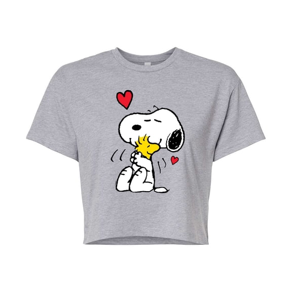 Peanuts - Snoopy and Woodstock Hug - Juniors Cropped Graphic T-Shirt