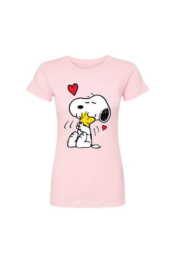 - Snoopy and Woodstock Hug - Juniors Fitted Graphic T-Shirt