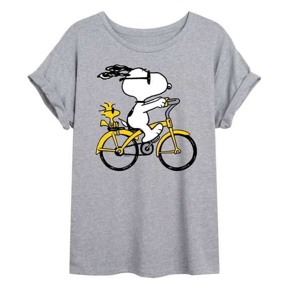 Peanuts - Snoopy and Woodstock Riding Bike - Juniors Oversized Graphic T-Shirt