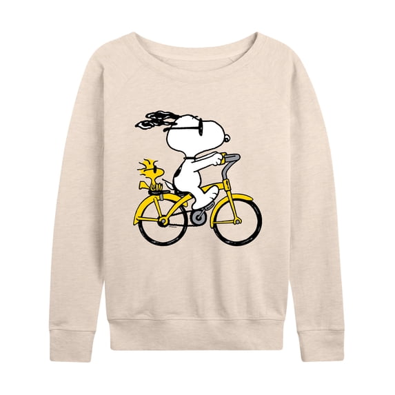 Peanuts - Snoopy and Woodstock Riding Bike - Women's French Terry Long Sleeve Pullover