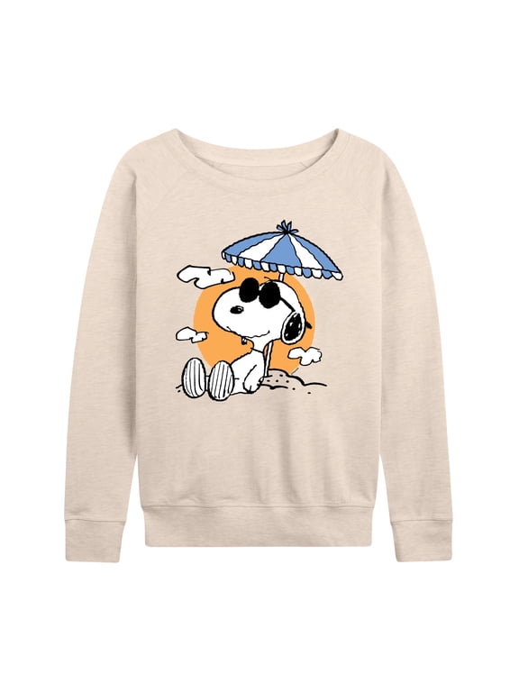 - Snoopy's Beach Day Women's Lightweight French Terry Wide Neck Long Sleeve Graphic Shirt