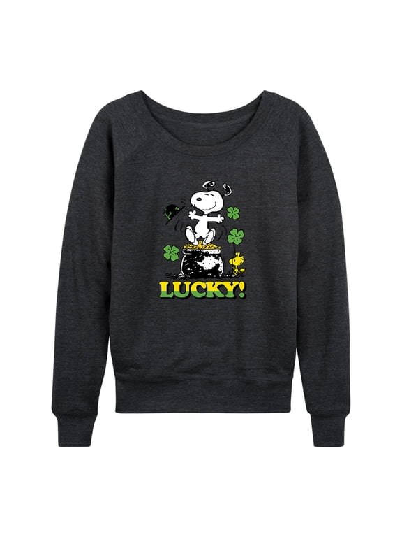 - Snoopy's St. Patrick's Day Women's Lightweight French Terry Wide Neck Long Sleeve Graphic Shirt