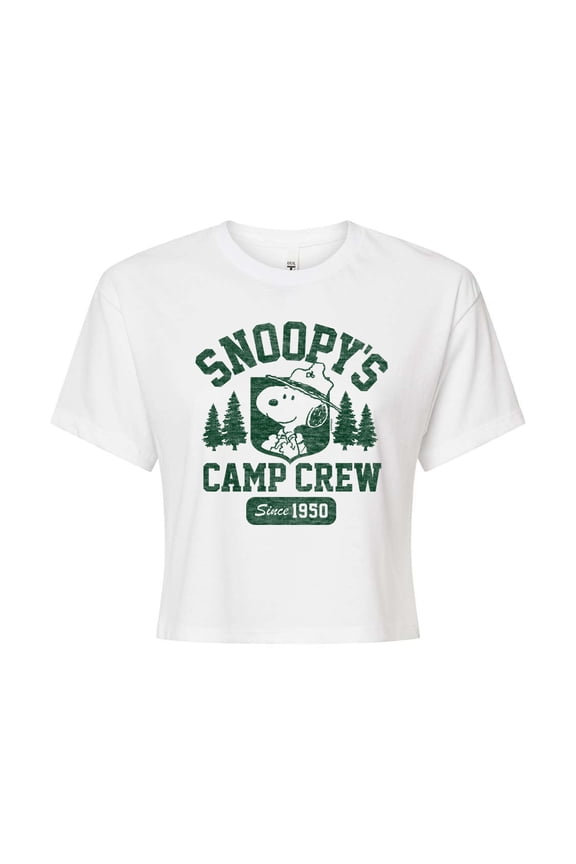 - Snoopys Camp Crew - Juniors Cropped Cotton Blend T-Shirt