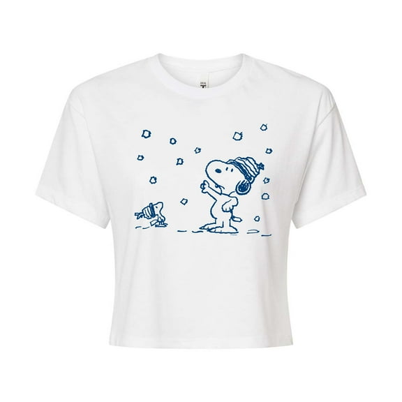 Peanuts - Snow Snoopy And Woodstock - Juniors Cropped Cotton Blend T-Shirt