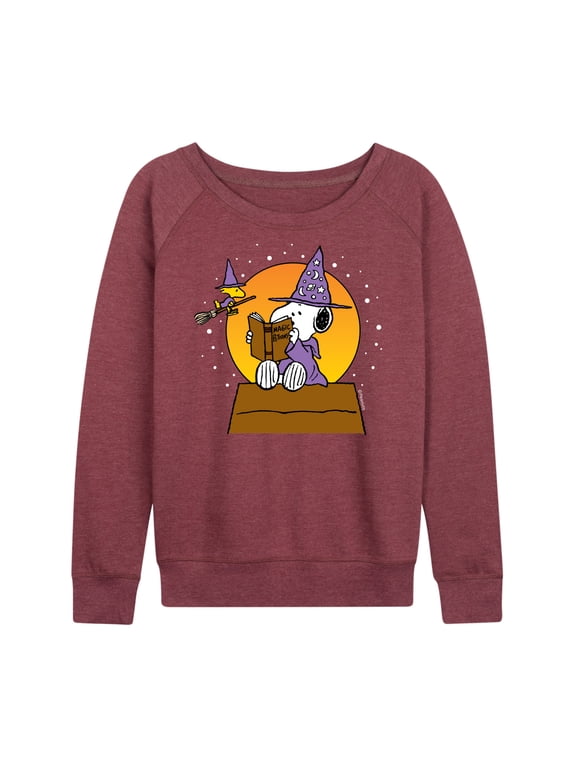 - Sorcerer Snoopy Woodstock Women's Lightweight French Terry Wide Neck Long Sleeve Graphic Shirt