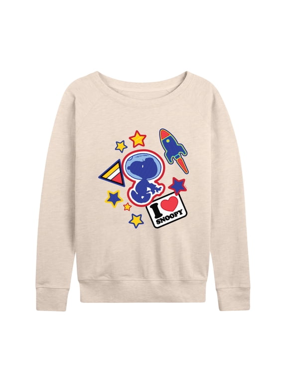 - Space Snoopy Flair Women's Lightweight French Terry Wide Neck Long Sleeve Graphic Shirt
