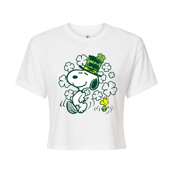 Peanuts - St. Paddy's Snoopy & Woodstock - Juniors Cropped Graphic T-Shirt