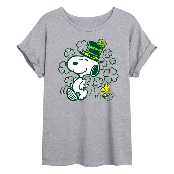 Peanuts - St. Paddy's Snoopy & Woodstock - Juniors Oversized Graphic T-Shirt