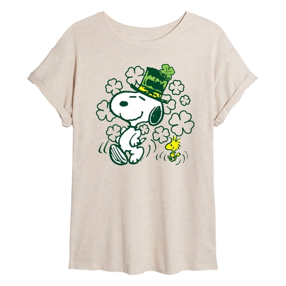 Peanuts - St. Paddy's Snoopy & Woodstock - Juniors Oversized Graphic T-Shirt