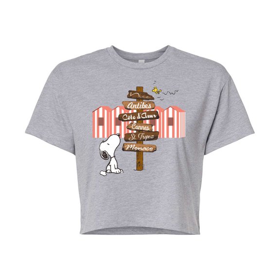 Peanuts - Summer Edition - Snoopy Looking for a Destination on Sign - Juniors Cropped Cotton Blend T-Shirt