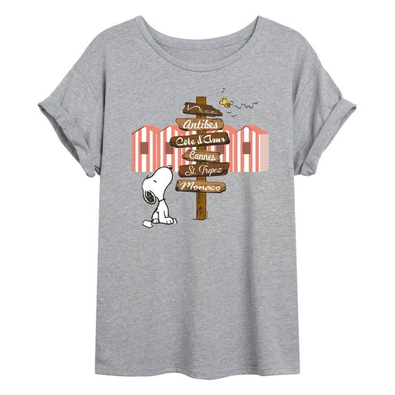 Peanuts - Summer Edition - Snoopy Looking for a Destination on Sign - Juniors Ideal Flowy Muscle T-Shirt